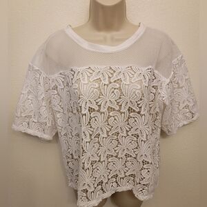 Loft Mesh and Lace Short Sleeve Blouse